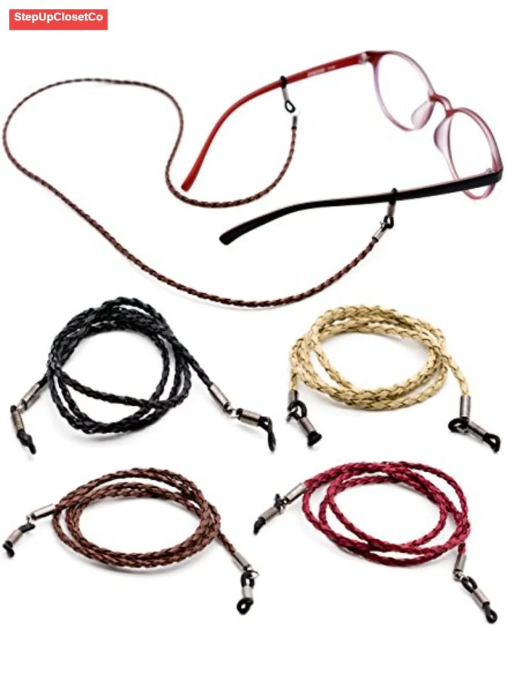 Genuine Leather Eyeglass Holder Strap Lanyard Chain - Pack of 4 with Bonus Case